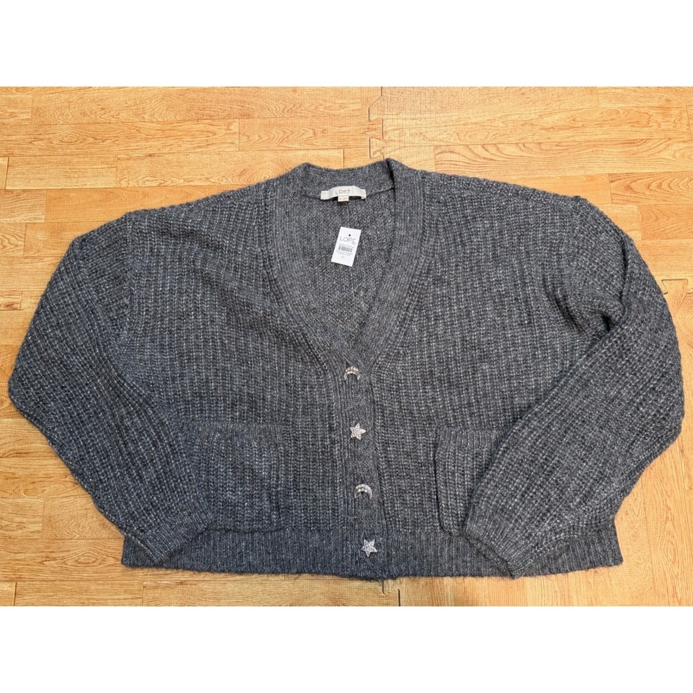 LOFT Shaker Stitch Celestial Cardigan Grey Metallic Moon Star Button XL NWT - Picture 2 of 6